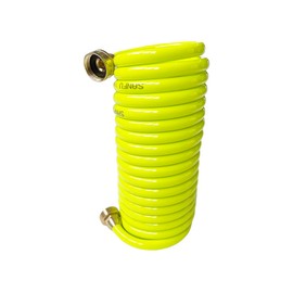 SANFU - Manguera de jardín con retroceso de poliuretano, práctica de 3/8 pulgadas de identificación x 15 pies, con accesorios de latón hembra giratorios de 3/4 pulgadas, retráctil, manguera de patio