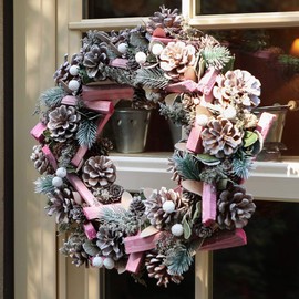 14" Natural Pine Cone & Pink Wood Hanging Winter Wreath Christmas Door Decoration