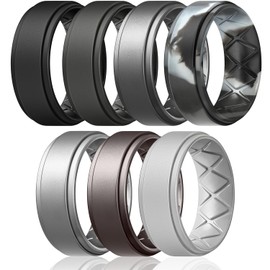 Egnaro Silicone Wedding Rings Mens, Inner Arc Breathable Design Silicone Rings for Men, 7 Rings / 4 Rings / 1 Ring Step Edge Rubber Wedding Engagement Bands Comfort for Workout, 8mm Wide-6mm Thick