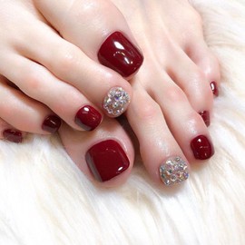 Resweky 24 Pieces French Square Fake Fingernails Rhinestone Glitter False Toenails Shiny Red Press on Toe Nail Tips for Women and Girls