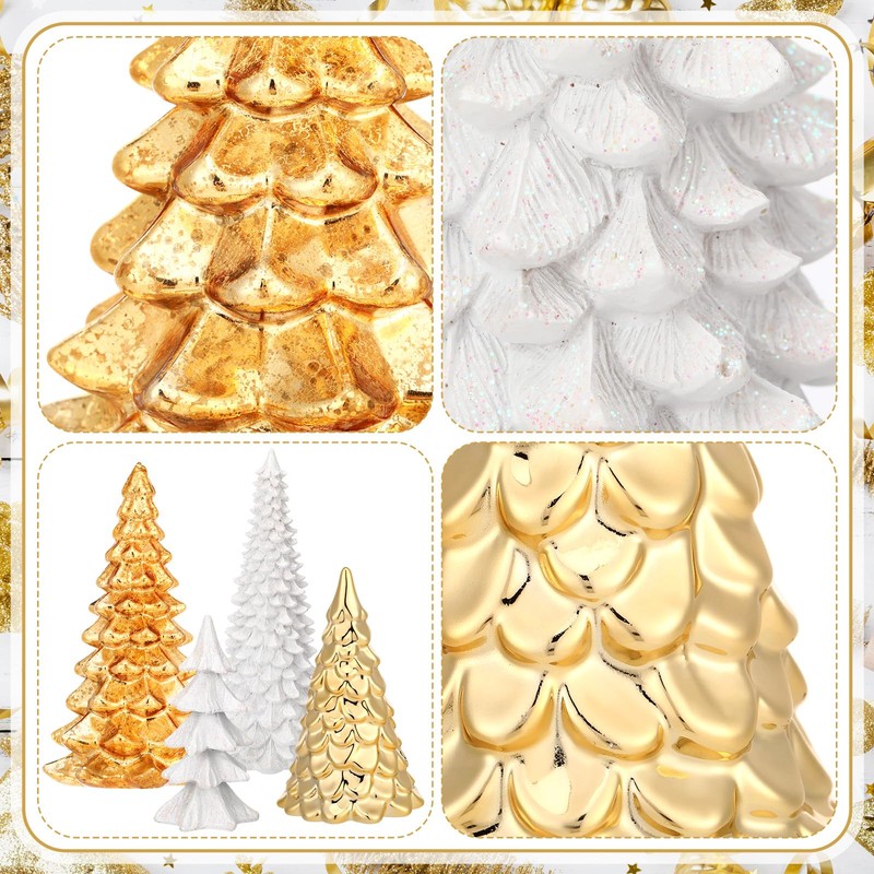 4 Pack Christmas Tree Table Decoration Gold Glass Ceramic Glitter