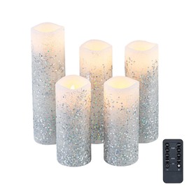 Evenice Christmas Silver Glitter Candle Flameless Candles Moving Flame Wick with Remote Timer, Pack of 5