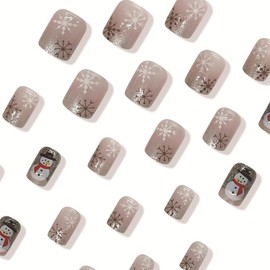Christmas Short Press on Nails Oval Fake Nails Glitter Winter Acrylic Nails White Snowflake False Nails with Cute Snowman Design Short Petite Artificial Nails Full Cover Stick on Nails for Women 24Pcs