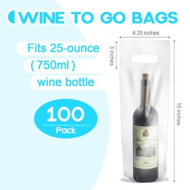 Vowcarol 100 Pack Plastic Wine Bags with Handles-Fit 25 oz Bottles - Tamper Proof Seal for Transporting Open Wine Bottles- Wine Bags To Go