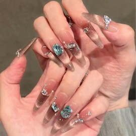 Hkanlre Almond Long Blue Fake Nails Tips Rhinestones French Bow Press on Nails Full Cover False Gradient Nails for Women 24PCS