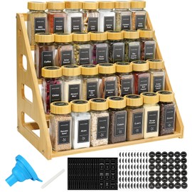 4 Tier Bamboo Spice Rack Organizer with 28 Spice Jars, 780 Labels, Wood Shelf, Chalk Marker and Funnel Set for Cabinet Kitchen Countertop, Empty 4 oz Glass Jars