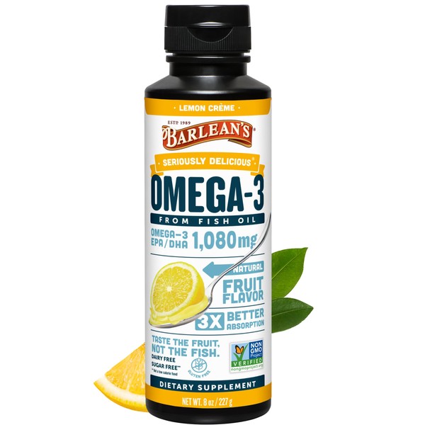 Barlean's Lemon Crème Omega 3 Fish Oil Liquid Supplement, 1080mg
