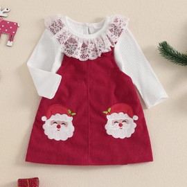 ZZLBUF Newborn Infant Baby Girl Christmas Outfits Lace Ruffle Romper Top Bodysuit Suspender Skirt Christmas Clothes Set (Lace Ruffle Romper, White Red, 6-12 Months)