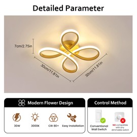 Dorlink Gold Flower Ceiling Light 30W, Creative Chandeliers for Living Room, Semi Flush Mount for Bedroom, Kitchen, 3000K Warm White