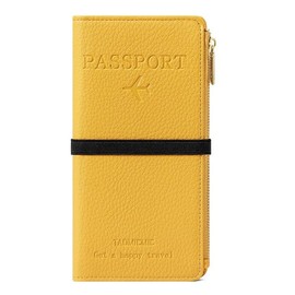 DOB SECHS Leather Passport Holder, RFID Blocking Passport Wallet Credit Cards Case for Women, Travel Accessories Organizer Pouch Bag with ID Window+Zippered Cash Pocket+SIM Slots, Yellow