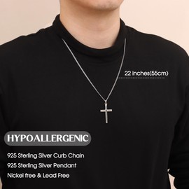 MILACOLATO Solid 925 Sterling Silver Cross Necklace for Men Women, 2mm Durable Diamond-Cut Sterling Silver Cuban Link Curb Chain with Beveled Edge Cross Pendant, Mens Silver Crucifix Pendant Necklace Jewelry 22 Inches
