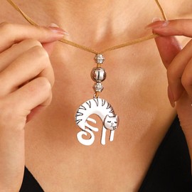 Wendalern Cat Necklace for Women Brown Suede Cord Cat Kitten Pendant Necklace Silver Cat Animal Statement Necklace Long Rope Chain Sweater Necklace Jewellery for Cat Lovers, Zinc, No Gemstone