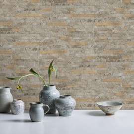 STICKGOO 2 Sheets Peel and Stick Backsplash Tile, Stick on Backsplash for Kitchen and Bathroom, Stone Beige Marble Look PVC Mixed Metal Gold Self Adhesive Wall Tiles