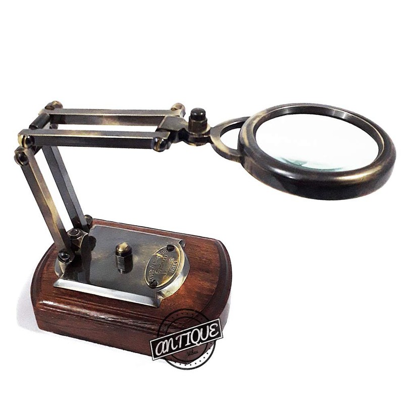 Vintage Antique Brass Magnifying Glass with Wood Stand Jewelry Optics