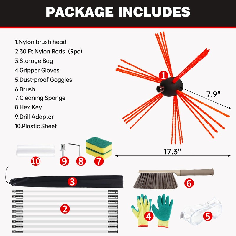 Morinoli 30 Feet Chimney Sweep Kit, Chrome Button Locking System,