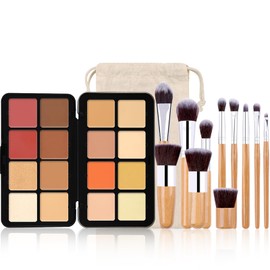 RoseFlower 16 Colors Makeup Palette, Foundation Contour Palette, Bronzing Eyeshadow, Make-up Blending Palettes with 10 Makeup Brushes, Full Starter Makeup Kit for Women Beginners Smooth Long Lasting