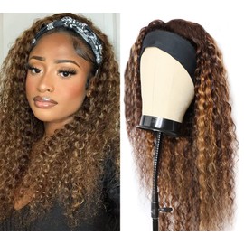 Highlight Ombre 16 Inch Brazilian Real Hair Wig Curly Wigs without Lace Front Headband Wig Deep Wave Natural Wig Ombre #4/27 Colour