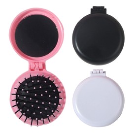 3pcs Foldable Travel Mirror Hair Brushes Round Portable Folding Pocket Hair Brush Mini Hair Comb Hair Massage Comb Compact Hair Brush for Men Women and Girls(Black+White+Pink)