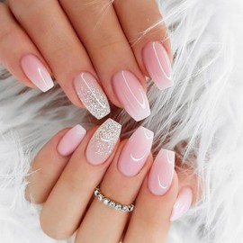 Medium Coffin Press on Nails Fake Nails with Pink Gradient White Glitter Designs French Tip False Nails Medium Coffin Full Cover Glue on Nails Glossy Acrylic Thick Stick on Nails for Women Girls 24Pcs JP2667