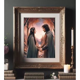 Aragorn Arwen Holding hands Autumn forest Lord of the Rings Watercolor Wall Art
