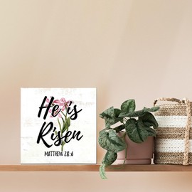 HONLUNG Easter-Decor-Wooden-Box-Sign,Christian Wood Box Signs for Kitchen Shelf Table Office Farmhouse Dining Room,He is Risen Gifts, 5x5 Inch
