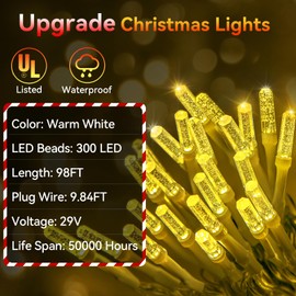 Hezbjiti 300LED 108FT Upgrade Christmas Lights Outdoor, 8 Modes Fairy Lights with Timer and Dimmable IP44 Waterproof Plug in LED String Lights for Xmas House Yard Fence Tree Decorations (Warm White)
