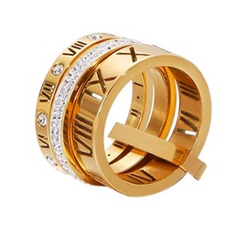 PAMTIER Women's Stainless Steel with Zirconia Roman Numerals 3 in 1 Ring Gold Size 4.5