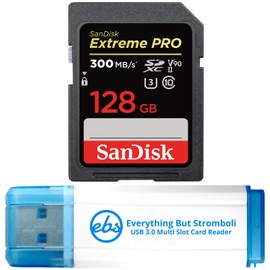 SanDisk Extreme PRO SDXC UHS-II 128GB Memory Card C10, U3, V90, HD Video Works with Nikon Z8 Mirrorless Camera 300MB/s (SDSDXDK-128G-GN4IN) Bundle with (1) Everything But Stromboli 3.0 SD Card Reader