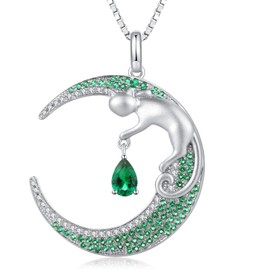 Cat Necklace Hanging Cat Necklace Green Silver Cat Necklace Womens Cat Necklace Kitty Cat Necklace Sterling Silver Cat Pendant Necklace Cat Jewellery Necklace for Women Cat Moon Gifts for Women