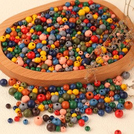 HERZONE Approx. 1200pcs Round Wooden Beads in Colourful 6 mm 8 mm 10 mm Natural Wood Beads for Threading for DIY Jewellery Making (Colourful/Mix)