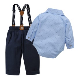Traje formal de caballero para bebé y niño, camisa corta con lazo+pantalones de tirantes（ 3136 azul claro, 12-18 Meses）