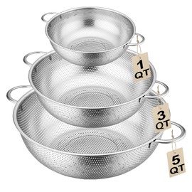 3-Piece Stainless Steel Colander Set with Handles - 5Qt/3Qt/1Qt Nesting Strainers for Pasta, Veggies, Fruit Drainage, Durable Micro-Hole Mesh for Fast Water Flow