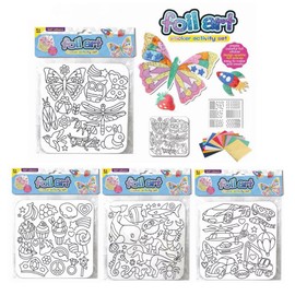 Dear Mia Little Liz | Set de 4 Pz Arte con Papel de Aluminio Foil Art Kit con Pegatinas | Manualidades para Niños | Diseños de Mariposa Animales & Vehículos | Embalaje Individual