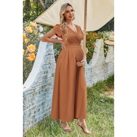 OUGES Short Sleeve Summer Maternity Maxi Dresses for Women 2025 Wrap V Neck Wedding Guest Dress Casual Spring Long Dress(Mocha,M)