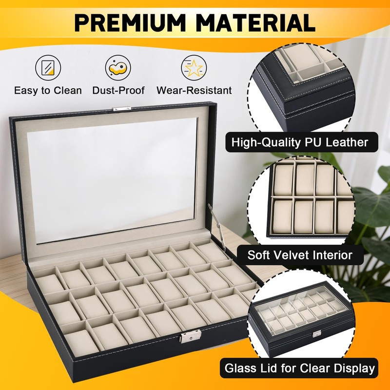 weyleity 24 Slots Watch Box with Glass Lid | PU