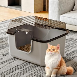 Oneluck Large Cat Litter Box with Covered,Mat and Scoop, Kitty Litter Enclosed Box with Lid and Front Door Flap for Portability and Privacy, Gray