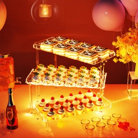 Bakzon 3 Tier Cupcake Stand, Acrylic Dessert Table Display Set with LED Light Premium Holder Dessert Serving Tray for Birthday Candy Bar Décor Weddings, Parties Events (Yellow Light)