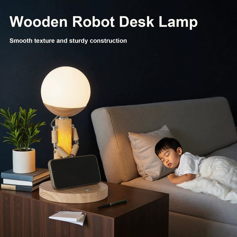 GZAODMCP Robot LED Table Lamp Wooden with Adjustable Arm Rechargeable
