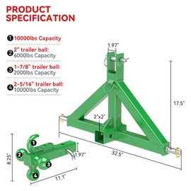 3 Point 2" Trailer Hitch Receiver and Towing Ball Hitch with Hook Heavy Duty Tractor Drawbar 3 Pt Quick Hitch Attachment for Kubota, John Deere Category 1 Subcompact Tractor Farm Equipment(Green)