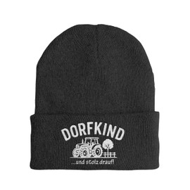 tshirtladen Dorfkind und stolz Drauf Beanie Winter Hat with Tractor Embroidery Sayings Hat Unisex for Leisure and Festival Parent Blue Bordeaux Graphite Grey Mustard Navy Olive Pink Red Black