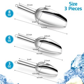 3 + 6 + 8 OZ Ice Scoop Set of 3, P&P CHEF Stainless Steel Food Scoops for Ice Cube Coffee Bean Cat Dog Food Flour Popcorn, Healthy & Sturdy, (Silver)