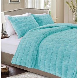 Elegant Comfort Luxurious Fluffy 3-Piece Faux Fur Comforter Set - All Season Warm Down Alternative - Ultra Soft, Plush Micro-Mink 3PC Bedding Set with Matching Shams, King, Aqua