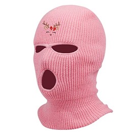 Reindeer Christmas Ski Mask Embroidered 3-Hole Mask Winter Ugly Xmas Balaclava (Light Pink)