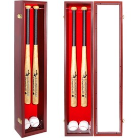 NRZSSN 2 Baseball Bat Display Case Wall Mount - Vertical/Horizontal Cherry Wood Frame w/ 98% UV Protection & Lock | Acrylic Door Shadow Box for 2 Bats