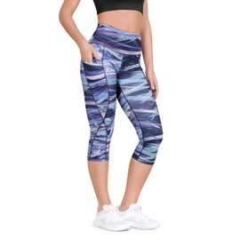 ODODOS Women's High Waisted Pattern Capri Leggings with Pockets, Non See Through Sports Athletic Workout Running Yoga Capris, Graphic Purple, Large