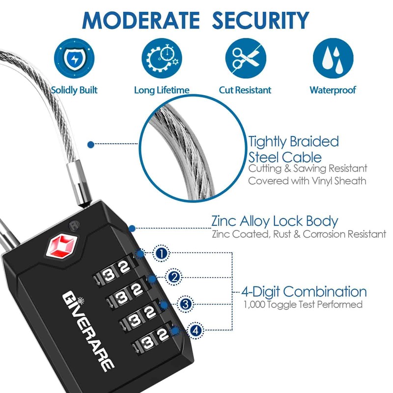 2 Pack TSA Approved Travel Luggage Locks, 4-Digit Cable Combination