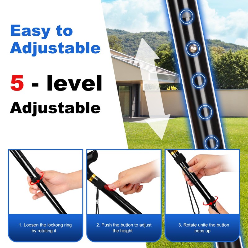 MFE Folding Cane, Portable 5-Level Adjustable Height Walking Stick with