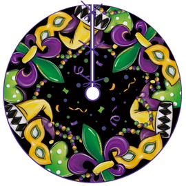 Fzbali Mardi Gras Christmas Tree Skirt, 48 Inches Lace-up Fleur De Lis Mask New Orleans Carnival Tree Skirt, Love Heart Beads Masquerade Holiday Party Indoor Decoration Home Decor