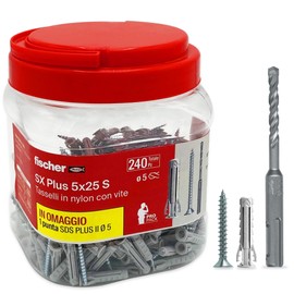 Fischer 5 mm, Propack SX Plus 5 S, 240 x 5 x 25 Dowels with Screw + SDS Drill Bit, Reusable Jar, for Fixing on Concrete and Masonry 570205, Grey