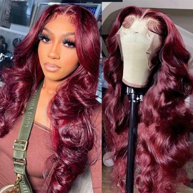 200% Density13x4 Burgundy Body Wave Lace Front Wig Human Hair With Baby Hair Pre Plucked 99j HD Transparent Lace Frontal Human Hair Wigs for Women 99J Glueless Lace Front Wigs Human Hair 24Inch